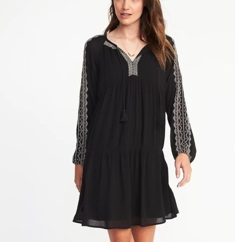 Old Navy Embroidered Gauze Tassel Tie Mini Dress Women's Large Black Boho Hippie